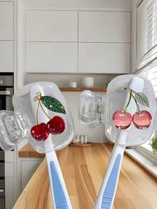 2 Pack Pink & Green Cherry Toothbrush Holder With Clear Lid, Portable Ventilated Drainage Toothbrush Cover Case, Cute Bathroom Storage For Home Dorm Travel - A - View 3