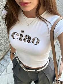 女款復古豹紋拼接短版T恤，Y2K美學義式風格圖案修身圓領休閒短袖上衣，白色度假風 - 白色 - 查看 2