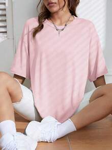 Camiseta de cuello redondo y hombros caídos - Rosa - Ver 5