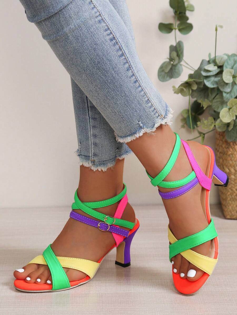 Neon Color Block Criss-Cross Strap High Heel Sandals, Eye-Catching Sexy Style - Rainbow - View 1