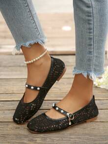 Nuevos zapatos planos cuadrados transpirables de moda para mujer, mocasines casuales para el hogar, conducir, todas las estaciones, de material de tela - Negro - Ver 4