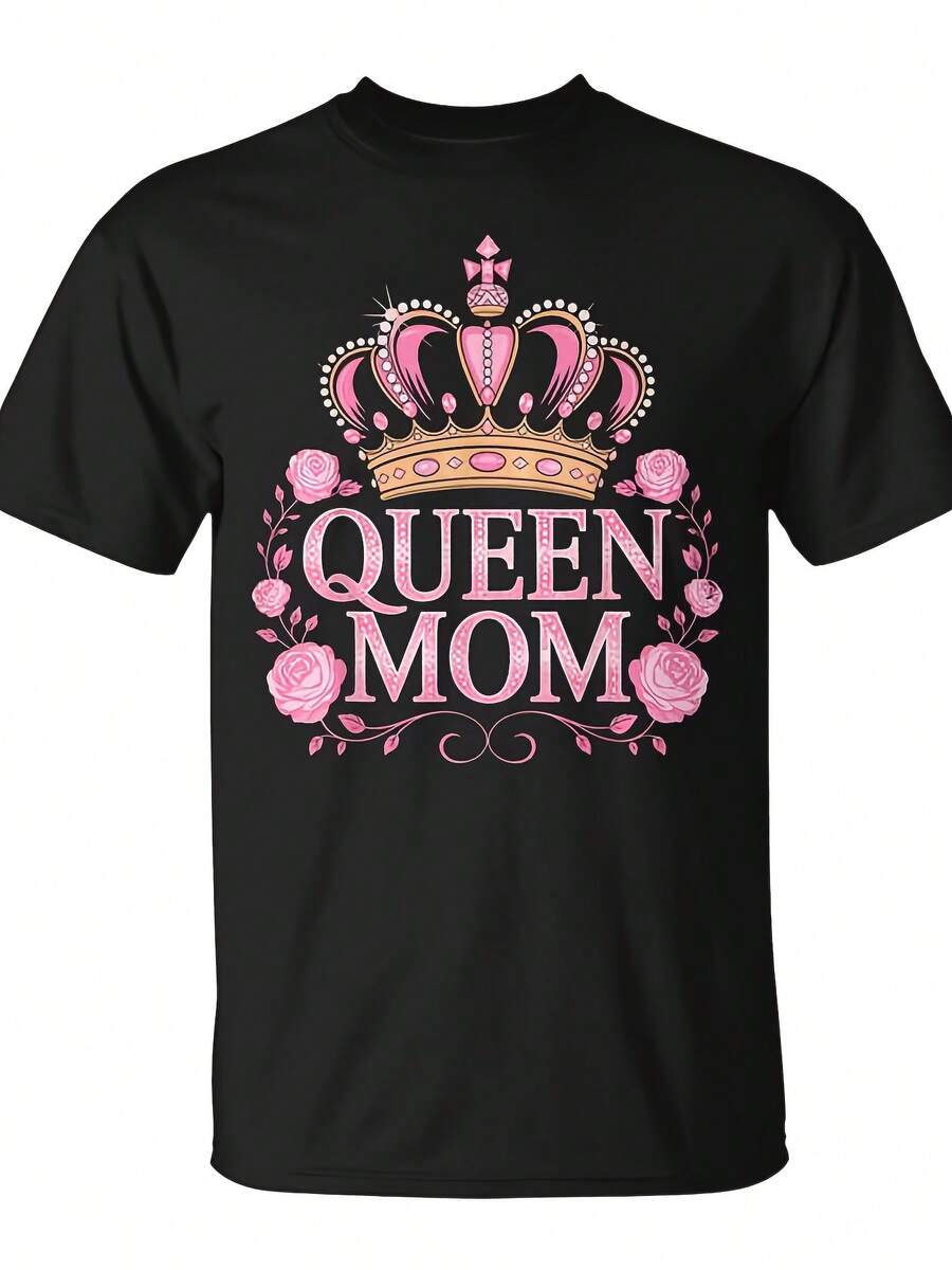 Camiseta de Mamá Reina Feliz por el Día de la Madre |   Unisex, Estilo Casual, Cuello Redondo, Ligeramente Elástico, Corte Regular, Para Todas las Temporadas, Diseño Estampado, 220G Puro - Negro - Ver 1