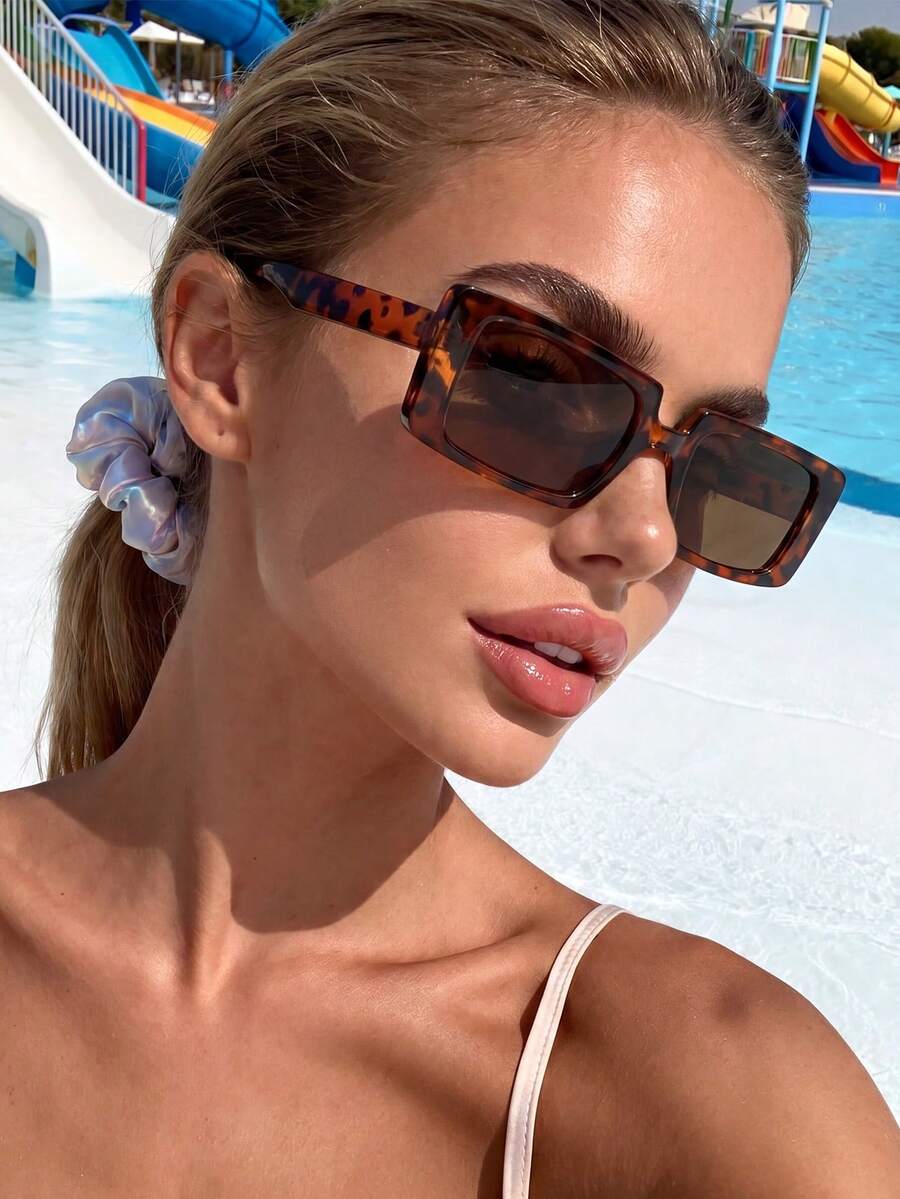 1 Pair Women's Leopard Print Rectangular Fashion Sunglasses, Suitable For Outfits, Travel, Summer Accessories, Sports Style, Driving, Beach, Electronic Music Festival, Vacation, Family Outings, Golf, Hiking, Elegant Look - Leopard Tea - View 1