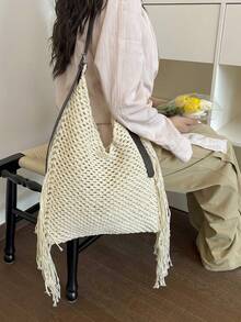 Vintage Hollow Tassel Woven Shoulder Bag, Adjustable Strap, Minimalist Elegant Commuting Tote Bag, Lightweight - White - View 3