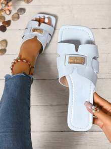 Ximi Ruo New Spring/Summer Fashion Casual Strap Slide Sandals, Comfortable Flat Heel Round Toe Slip-On Beach Slippers, Versatile Decorative Flat Sandals For Summer - Baby Blue - View 2