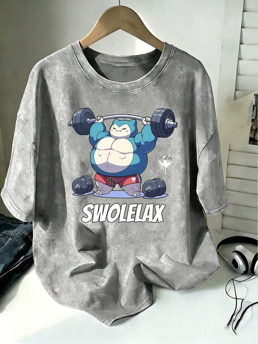 Pokemon Genuine Authorized Men's And Women's High-Quality Cotton Loose Washed T-Shirts, Pokemon Fitness Cards Than SWOLELAX Printed Cartoon Washed T-Shirts, Street Wind Cotton Washed T-Shirts, Cartoon Fans' T-Shirts, Gifts For Cartoon Lovers. - Xám - Xem 1