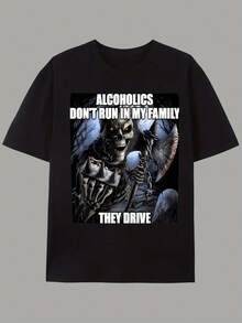 Summer Casual T-Shirt With Graphic "Alcoholics Don't Race In My Family, They Drive" - White, Short Sleeve, Crew Neck, Lightweight And Breathable, Casual Wear| Humorous Graphic T-Shirt| Lightweight T-Shirt - 黑色 - 查看 12