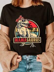 Suave Camiseta Mamasaurus para Mujer - Manga Corta Cuello Redondo con Diseño Divertido de T-Rex y Gafas "MAMA SAURUS", Lavable a Máquina, Ropa Casual de Calidad para Conjuntos Familiares en Verano y Primavera, ropa de calor mujer - Negro - Ver 1