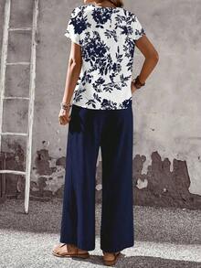 Set de 2 piezas con top de manga corta y pantalón de pierna ancha con estampado geométrico para mujer - Multicolor 8 - Ver 2