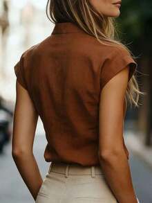 Camisa de mujer de verano casual de unicolor con cuello de muesca - Marrón 2 - Ver 2