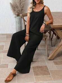 Mono Casual de Pierna Ancha con Bolsillos en Color Sólido para Mujer - Negro - Ver 3