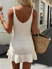 Vestido de punto sin mangas con cuello en V y espalda descubierta, estilo casual de playa y vacaciones de primavera/verano - Albaricoque - Ver 2