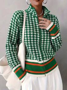 Áo khoác cardigan dệt kim họa tiết răng cưa màu xanh lá cây dành cho nữ, có khóa kéo và cổ đứng, tay dài, độ co giãn vừa phải, chiều dài tiêu chuẩn, thích hợp cho mùa thu/đông. - màu xanh lá - Xem 1