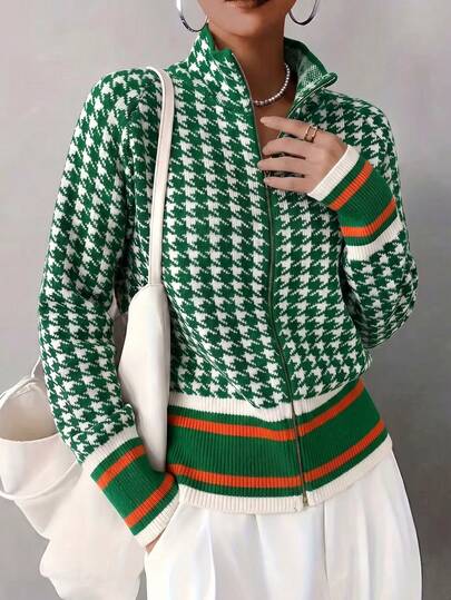 Cárdigan de punto de pata de gallo verde para mujer, con cremallera y cuello alto, manga larga, estiramiento medio, longitud regular, adecuado para otoño/invierno