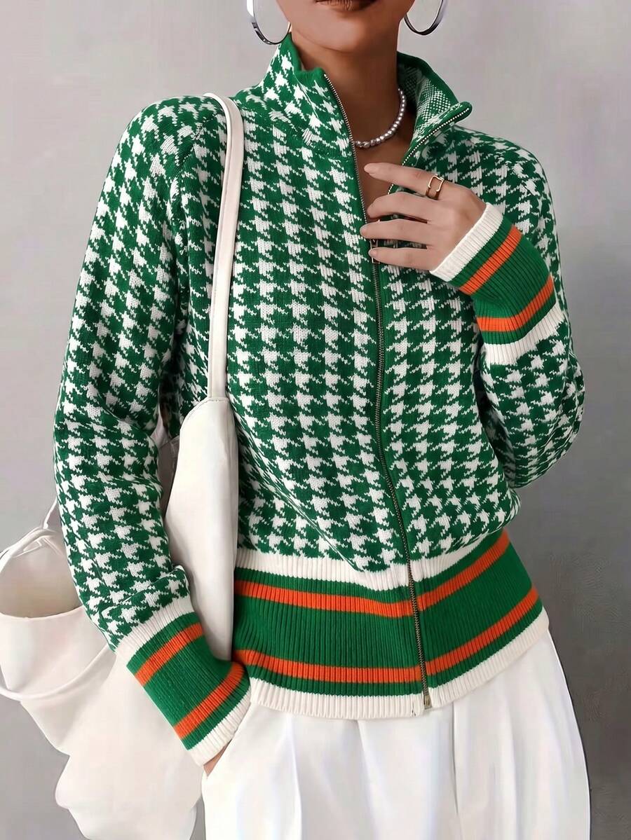 Áo khoác cardigan dệt kim họa tiết răng cưa màu xanh lá cây dành cho nữ, có khóa kéo và cổ đứng, tay dài, độ co giãn vừa phải, chiều dài tiêu chuẩn, thích hợp cho mùa thu/đông. - màu xanh lá - Xem 1