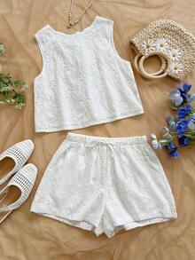 Top sin espalda con textura y lazo, holgado y casual para vacaciones, shorts casuales con elástico en la cintura y bolsillos, para playa y mar - Blanco - Ver 10