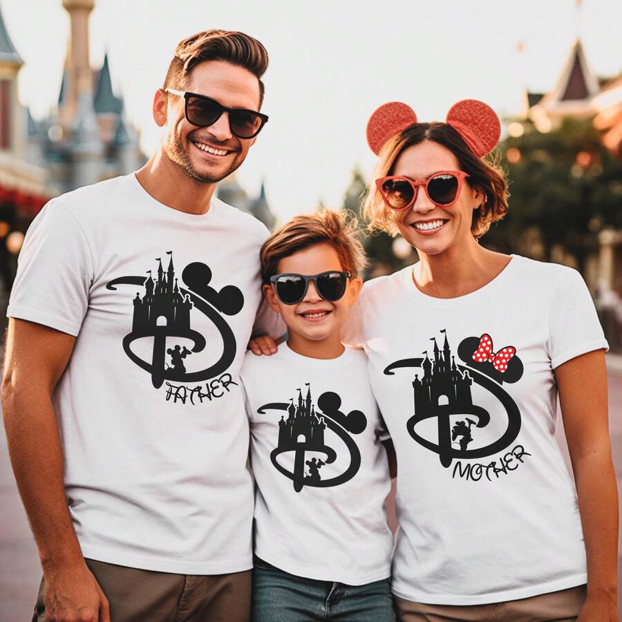 Disney Family Matching Silhouette Castle & Ears T-Shirt, Great For Family Vacations & Theme Park Visits. New Design, Suitable For Men, Women & Kids, Ideal For Disney Trips & Casual Wear. Made Of Soft, Breathable Cotton Fabric, Comfortable For All-Day Wear. Classic Black Castle & Ears Silhouette Print, Perfect Gift For Disney-Loving Families. - Women's/Children's T-shirts - View 1