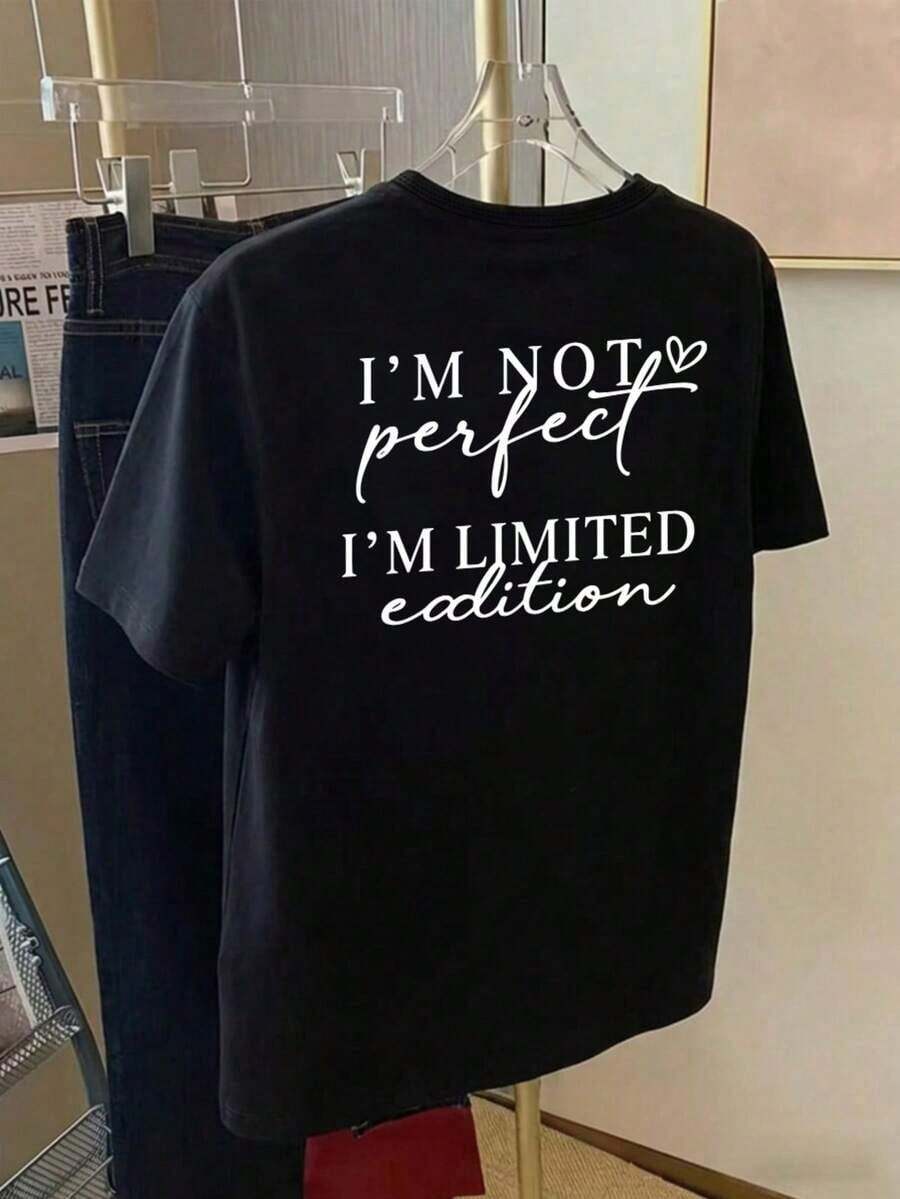 Camiseta holgada de moda para mujer, diseño con cita atrevida "Edición Limitada", top de manga corta transpirable y cómodo, camiseta de algodón suave con cuello redondo, ideal para salidas casuales y looks de moda minimalista. - Negro - Ver 1