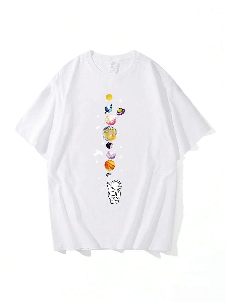 Una camiseta de manga corta con estilo retro americano, diseño holgado, estampado (los pantalones son solo sugerencias de estilo), camiseta gruesa multicolor, material 100% algodón, estampado moderno, adecuada tanto para hombres como para mujeres, estilo nuevo de primavera/verano/otoño, transpirable y cómoda, sencilla y versátil, la elegante camiseta unisex con estampado tropical es muy adecuada para vacaciones, Halloween y fiestas del Día de la Independencia de México. - Blanco - Ver 1
