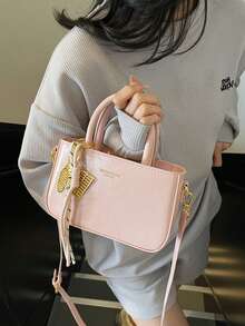 1 Stück rosa geflochtener Seilanhänger Metallcharm Dekoration PU weiches Leder Handtasche, Umhängetasche mit Reißverschluss Achseltasche kleine quadratische Tasche, Frühling/Sommer täglicher Arbeitsweg Einkaufen vielseitige Damen Schulter kleine Tasche - Pink - Übersicht 9