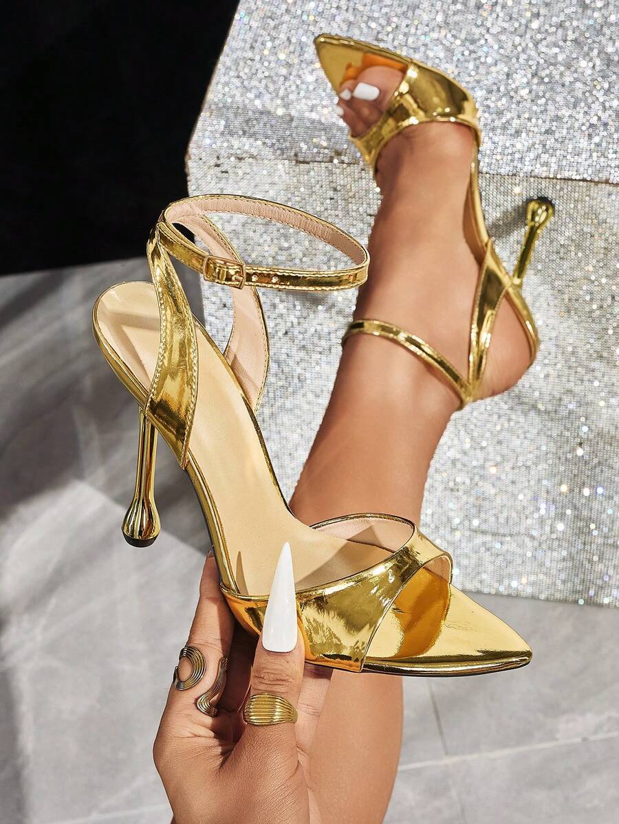 Jin Bei Qi Giày sandal cao gót nữ, phù hợp cho mọi mùa, hộp đêm, tiệc tùng, hoạt động ngoài trời, thời trang dành cho người nổi tiếng, tiệc cao cấp, mũi nhọn, dự tiệc, kỳ nghỉ, phong cách sang trọng, da PU gợi cảm, gót bất đối xứng, quai ngang mắt cá chân, khóa cài, chất liệu cao cấp, quai ngang mắt cá chân gợi cảm, thanh lịch, sang trọng, màu vàng đồng, sandal thanh lịch, giày cao gót thời trang thường ngày.