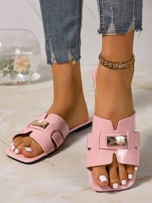 Ximi Ruo New Spring/Summer Fashion Casual Strap Slide Sandals, Comfortable Flat Heel Round Toe Slip-On Beach Slippers, Versatile Decorative Flat Sandals For Summer - Baby Pink - View 5