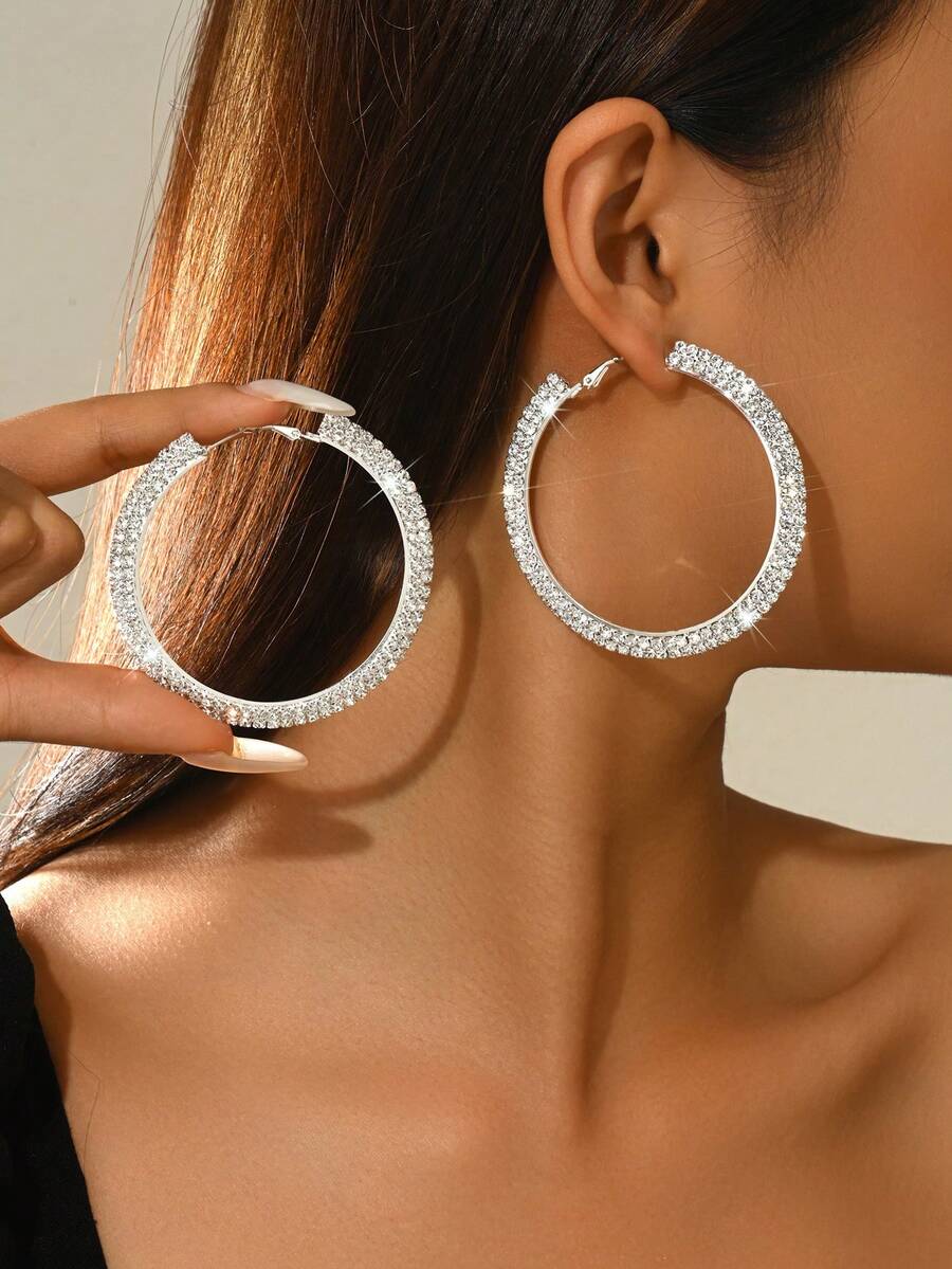 1 Pair Oversized Crystal Hoop Earrings, Double Row Rhinestone Embedded Open Hoops, Exaggerated Earrings For Women, Suitable For Brides, Cocktail Parties And Valentine's Day - Silver - View 1