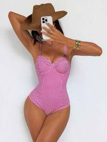 Traje de baño de una pieza con control de abdomen, con cordón, espalda descubierta, a rayas azul y blanco, con efecto push-up, para playa, resort y fiesta - Rosa - Ver 4