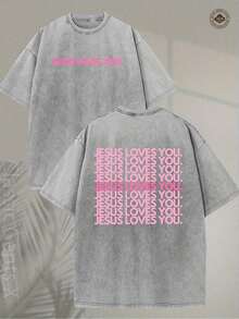 230GSM T-Shirt With Intense Wash Effect - Religious Print T-Shirt 'Jesus Loves You', Lettering In Pink, Green And Pink With Double-Sided Print - Christian Clothing, Unisex Crew Neck Top, Suitable For Church, Casual Wear, Ideal For Gifting - Y2K Soft And Machine Washable Crew Neck T-Shirt. - 卡其色 - 查看 10