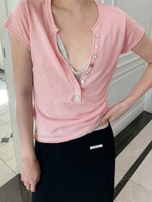 夏季韓系純色極簡基本修身百搭鈕扣V領休閒短袖針織上衣女款 - 粉色 - 查看 4