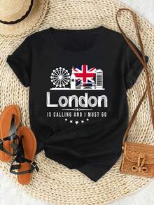 Camiseta de manga corta informal y versátil con cuello redondo, diseño de la Rueda de la Fortuna, la Torre del Reloj y la Bandera Británica de Londres, estilo veraniego, 2026. - Negro - Ver 2