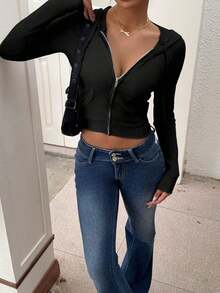 Women's Solid Color Hooded Jacket, Long Sleeve, Zipper Closure And Front Pocket, Autumn And Winter Clothing For Women - 黑色 - 查看 3