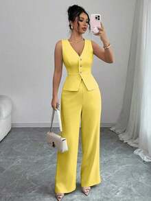 Conjunto de camiseta sin mangas y pantalones elegante para mujer, estilo de oficina y transporte, atuendo de otoño para maestros - Amarillo 3 - Ver 7