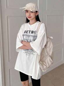 Camiseta casual holgada de verano para mujer con estampado de eslogan, cuello redondo y mangas caídas, RETRO SCENERY ALONG THE WAY HAPPY TIME IN 1990, camiseta oversized, camisetas gráficas - Estilo vintage urbano, unisex, de algodón, manga corta, cuello redondo, ropa deportiva estilo Y2K, cuello redondo, 100% algodón, tejido suave, manga corta. 1 camiseta - Blanco - Ver 4