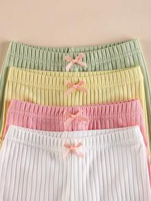 4pcs Girls' Vertical Striped Solid Color Frill Trim Safety Shorts, Summer Breathable Undershorts, Soft & Smooth Minimalist All-Match Versatile - Multicolor - View 3