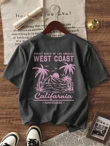 Women's New Summer Casual Round Neck Short Sleeve-Shirt, Minimalist Versatile Tree Slogan Print, Suitable Daily Wear. Graphic Tee, Women's White Top, Black Top, Pink Top, Holiday Outfit - Navy Blue - View 7