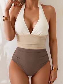 Traje de baño de una pieza con control de abdomen, estilo minimalista de unicolor, con escote halter y espalda descubierta, para vacaciones de verano en la playa - Multicolor 4 - Ver 4