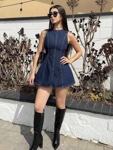Vestido vaquero mini con espalda descubierta sexy, para verano - Azul - Ver 5