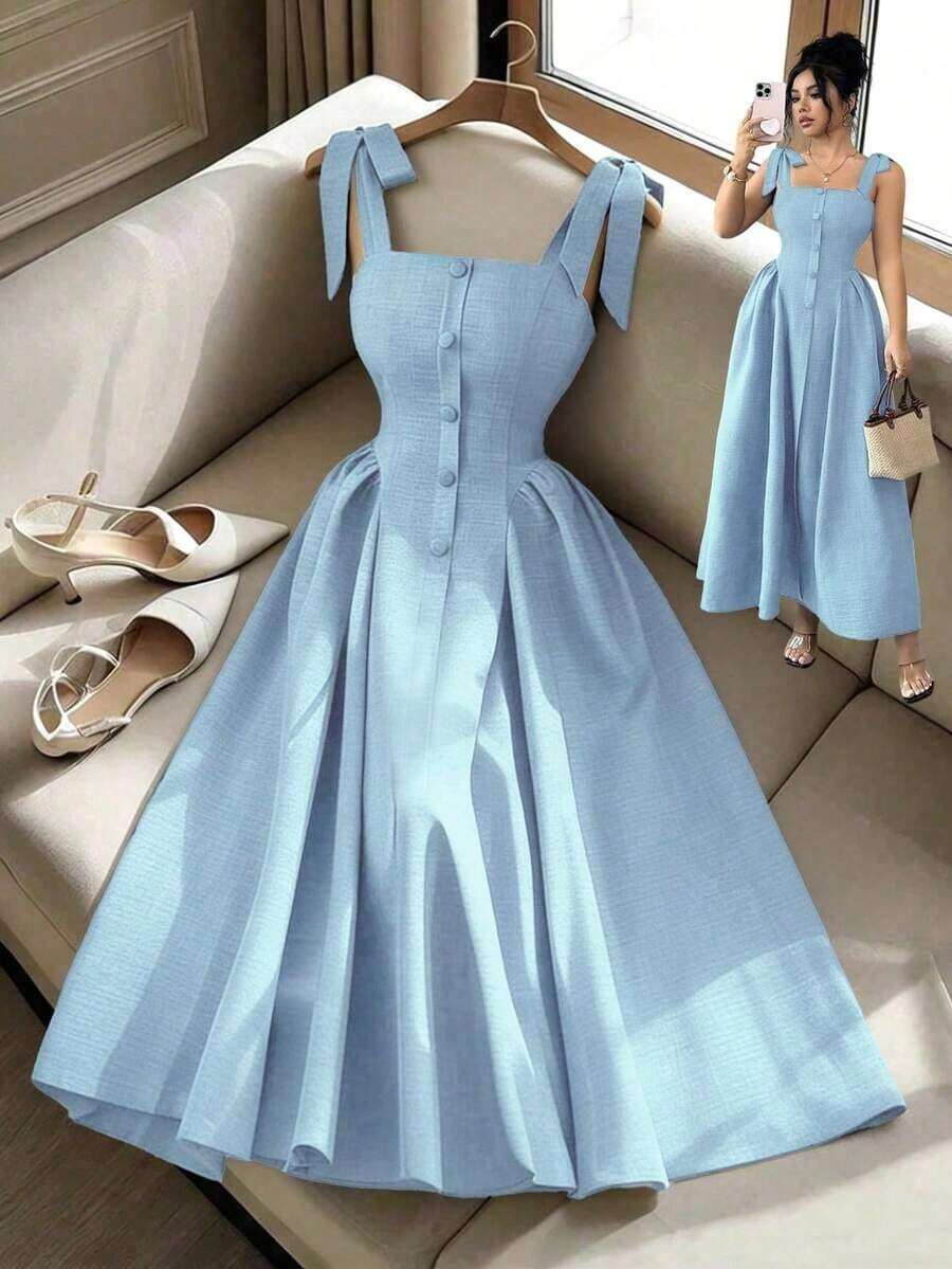 Nuevo vestido largo elegante y versátil para mujeres con textura de tiras y tejido bicolor ajustado para uso diario - Celeste - Ver 1