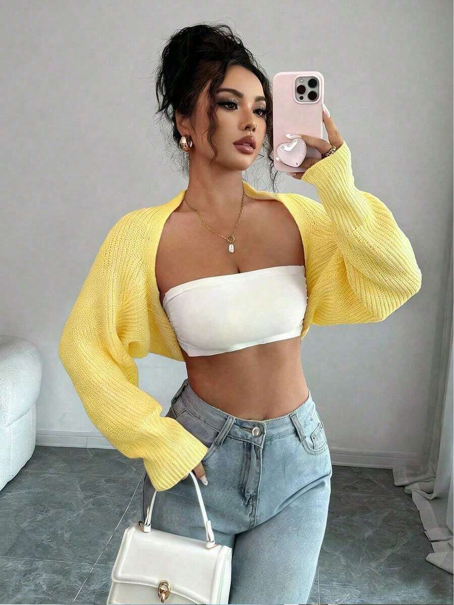 Raffinéa Cárdigan corto de punto acanalado de unicolor elegante para mujer, otoño - Amarillo claro - Ver 1