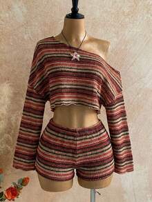 Casual 2-Piece Set Consisting Of A Cropped Top With An Irregular Neckline And Lettuce Hem, And Shorts, In A Solid Color, For Vacation, Spring/Summer - Multicolor 14 - View 7