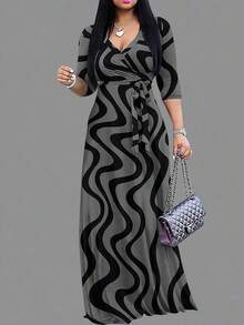 2026 Vestido azul ligero de mujer con cuello en V y cintura ceñida, elegante para primavera/verano - Gris - Ver 10