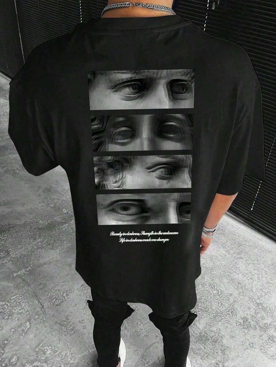Camiseta de hombre de ajuste ceñido, de poliéster ligero, con cuello redondo y estampado gráfico de eslogan de verano - Negro - Ver 1