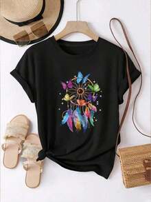 100% cotton Camiseta Casual para Mujer con Estampado de Atrapasueños y Mariposas, Negra, Manga Corta, Cuello Redondo, Hombros Caídos, Tejido de Punto con Elasticidad Media para Uso Diario - Negro - Ver 2