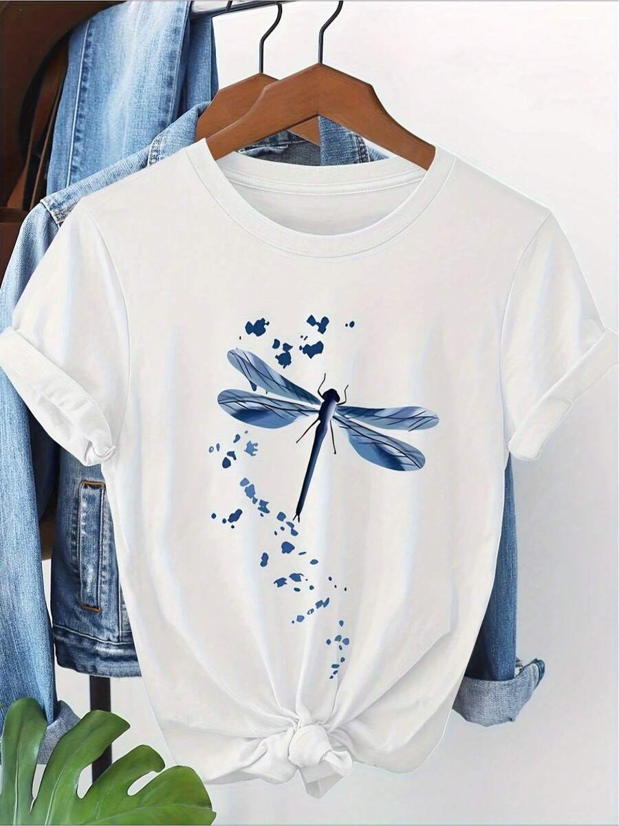 Camiseta de Mujer con Estampado Floral de Libélula y Cuello Redondo - Ligera, Transpirable, de Manga Corta, Corte Holgado, Estilo Casual Primavera/Verano, Lavable a Máquina, Apta para Todas las Temporadas, Tela No Transparente, blusas casuales para dama, tops de mujer - Blanco - Ver 1