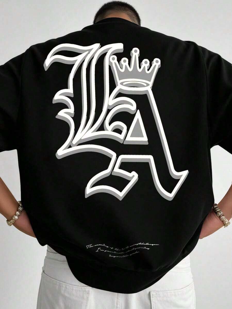 Manfinity Men's Plus Size Casual Loose Fit Black T-Shirt With White Portrait And Letter Print, Unique Artistic Tee Combining A Sculptural Pattern And English Slogan, Making Your Plus Size Look Personalized. 100% Cotton - 黑色 - 查看 1