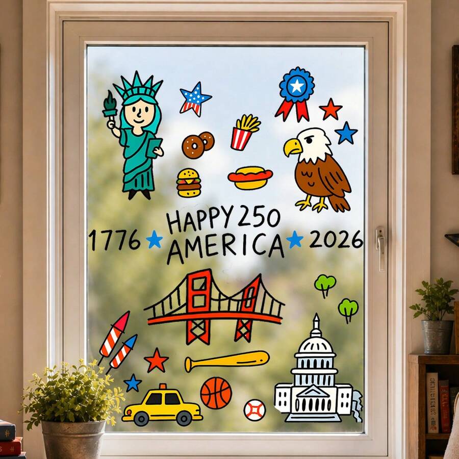 4th Of July Patriotic Window Clings, 250th Anniversary Of USA Independence Day Decorative Static Stickers, Cute Cartoon Statue Of Liberty & American Symbols Window Decals For Home Party - 250th Anniversary Window Stickers for the United States - View 1