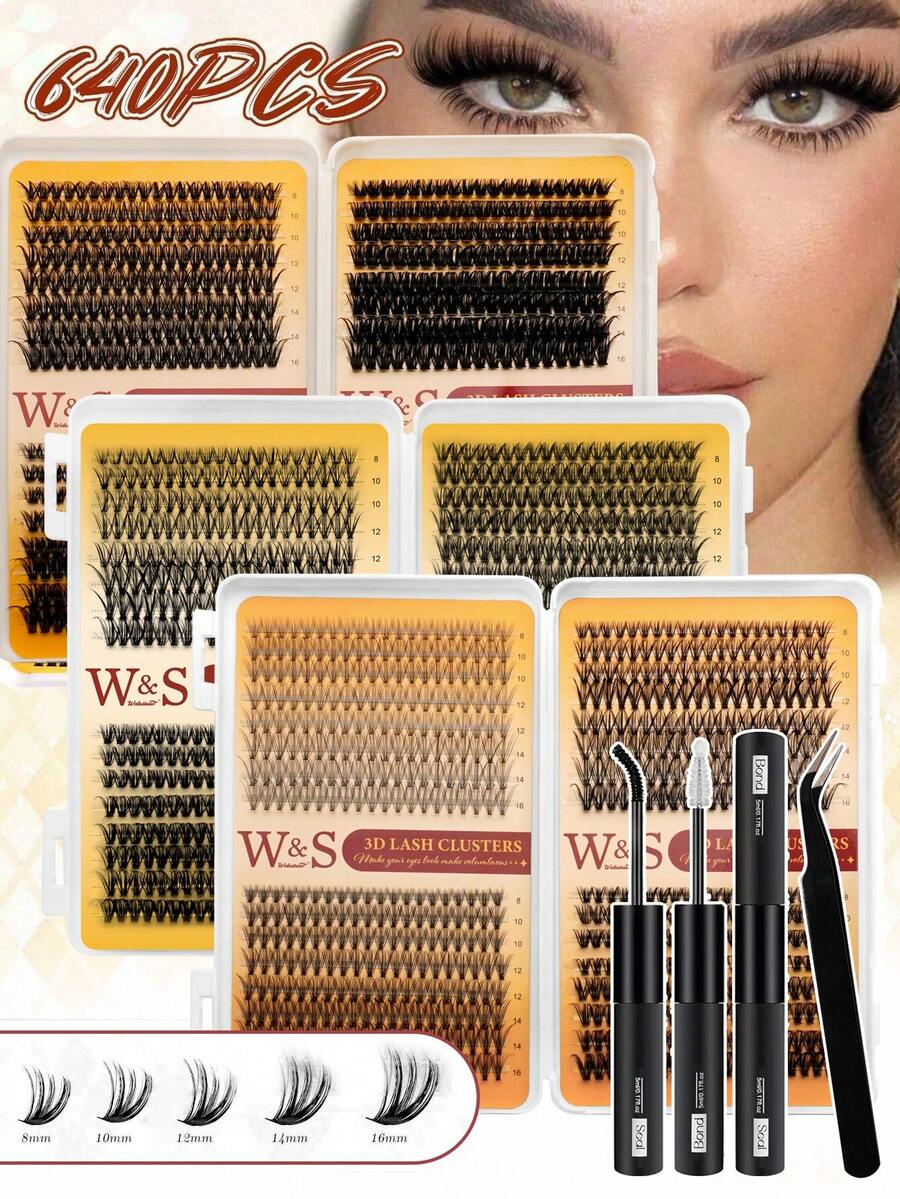 Waloshow Bộ 600-640 sợi mi giả D-Curl dạng chùm, độ dày 10D, 20D, 30D, 40D, 50D, 60D, 80D, 100D, phù hợp cho người mới bắt đầu, mi giả dày và mềm mại, tự làm theo kiểu ghép sợi, bao gồm keo, chất làm kín, nhíp, có thể tái sử dụng. - màu đen - Xem 1