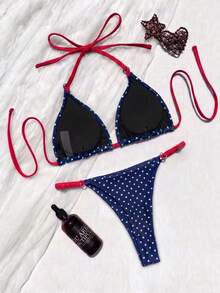 Women's Solid Color Triangle Bikini Set With Heart-Shaped Ring Decor. Features Triangle Cup Design, Spaghetti Strap, Sweet Yet . Vacation Beach Summer - Multicolor - View 3