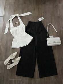Conjunto de 2 piezas de top halter sin espalda y pantalones con estampado de lunares para mujer - Multicolor 5 - Ver 1